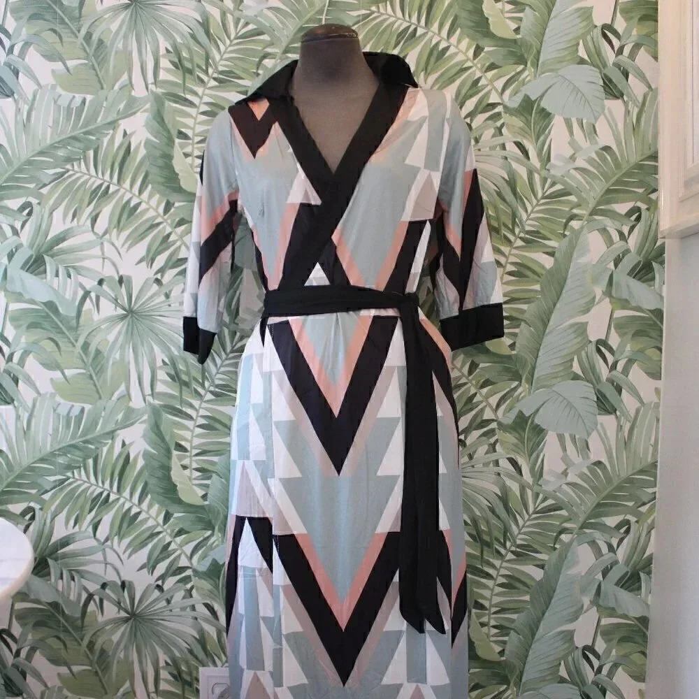 Fashion Long Sleeve V-Neck SHAPED Retro MCM Geometry Printed Wrap Midi Dress - Picture 6 of 7